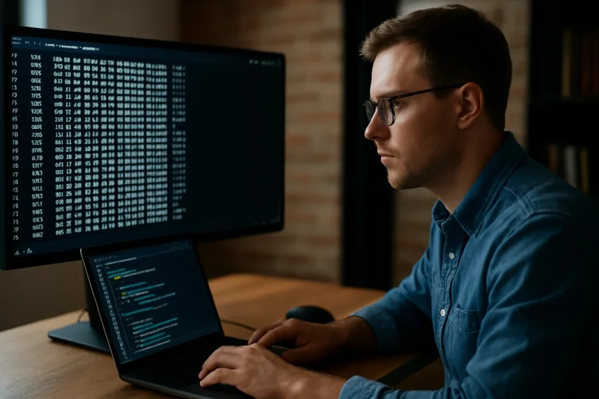Fejlesztő bájtkódot ír egy laptopon, háttérben kódolt kimenettel.