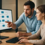 Két ember IT rendszer integrációs folyamata előtt ül egy számítógép képernyőjén.