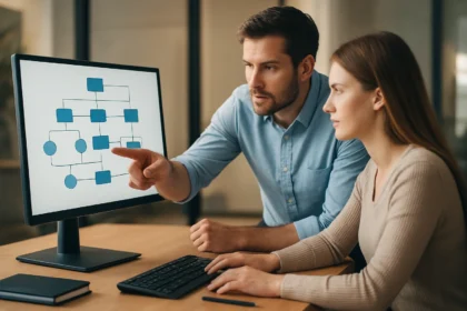 Két ember IT rendszer integrációs folyamata előtt ül egy számítógép képernyőjén.