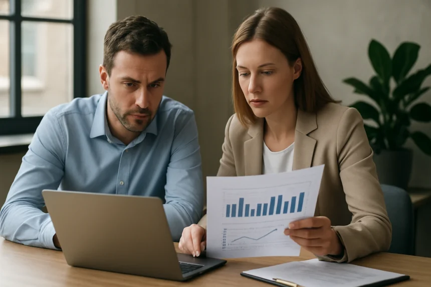 Két szakember adatprofilozás során, laptop előtt elemzik az adatokat.