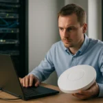 Férfi hálózati eszközt kezel laptop előtt, CAPWAP protokoll használatával.