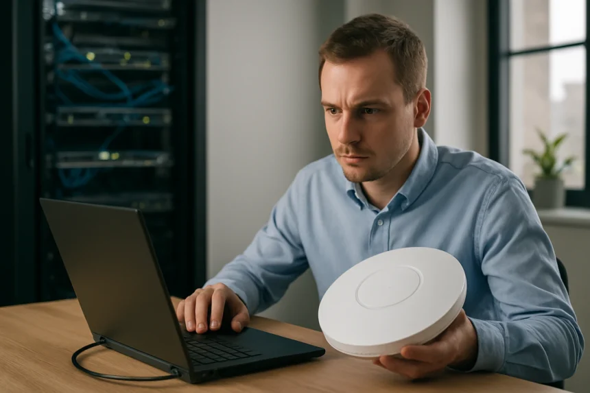 Férfi hálózati eszközt kezel laptop előtt, CAPWAP protokoll használatával.