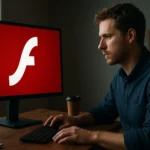 Férfi az Adobe Flash logójával ellátott számítógép előtt, munka közben.