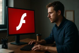 Férfi az Adobe Flash logójával ellátott számítógép előtt, munka közben.