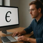 Férfi számítógépes munka közben az elem szimbólummal