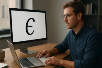 Férfi számítógépes munka közben az elem szimbólummal