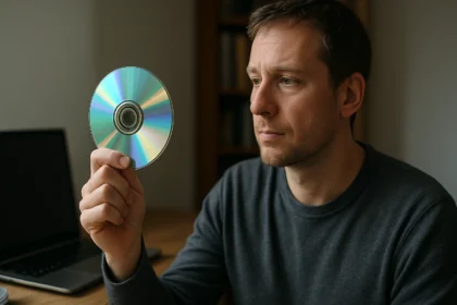 Férfi holding a CD, reflecting on its significance in digital storage.