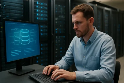 Férfi a számítástechnikai adatközpontban, virtualizációs folyamat során.