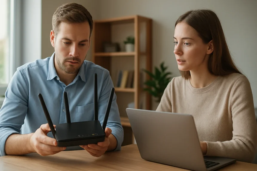 Két személy Wi-Fi routert néz, új hálózati technológiát tanulmányoznak.