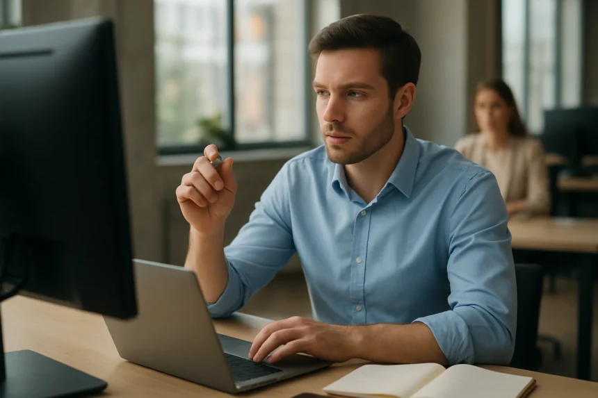 Férfi technológiai szakember számítógép előtt dolgozik egy irodában.