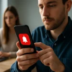 Férfi mobiltelefonon értesítést néz, háttérben nő dolgozik laptopon.