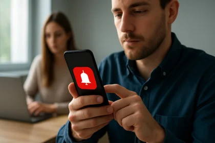 Férfi mobiltelefonon értesítést néz, háttérben nő dolgozik laptopon.