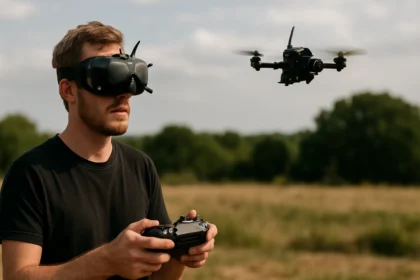 FPV drón pilótája kamerás szemüveg segítségével