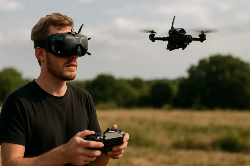 FPV drón pilótája kamerás szemüveg segítségével