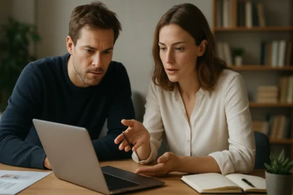 Két ember értékérzékeny tervezésről beszél laptop előtt.