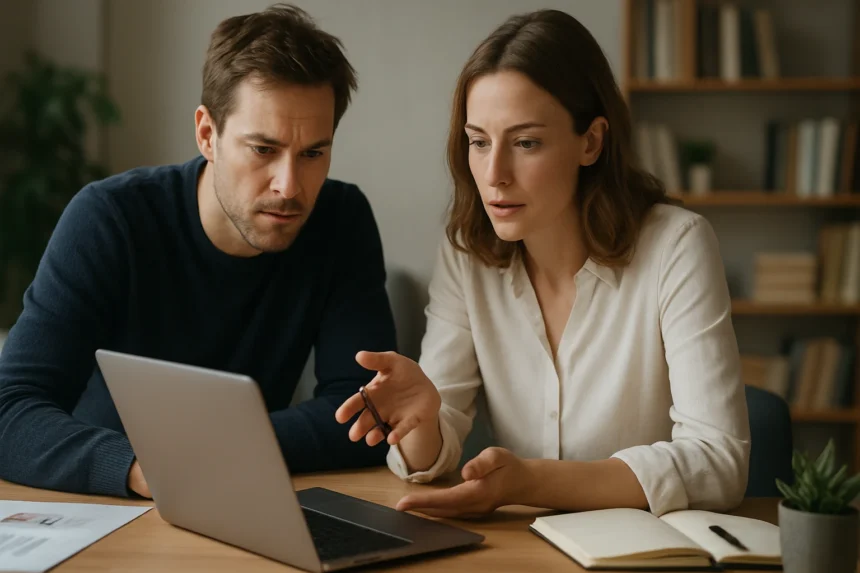 Két ember értékérzékeny tervezésről beszél laptop előtt.