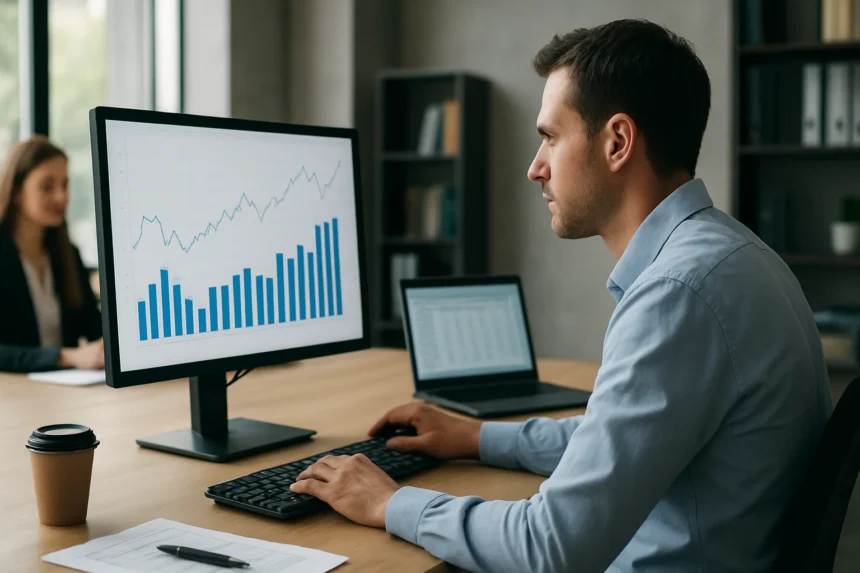 Férfi adatelemzés közben, anomáliaészlelés grafikonokkal