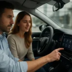 Két ember interakciója egy modern infotainment rendszerrel az autóban.