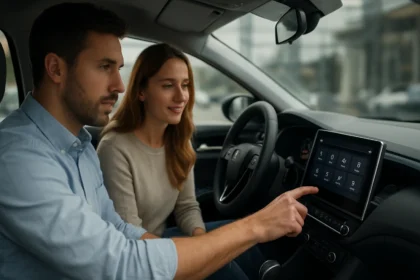 Két ember interakciója egy modern infotainment rendszerrel az autóban.