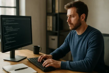 Férfi programozó a Bourne Shell parancsértelmező használatával