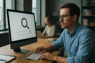 Férfi keres egy számítógépen, szemantikus keresési technika