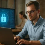 Férfi laptopon dolgozik, háttérben zár szimbólum a monitoron.