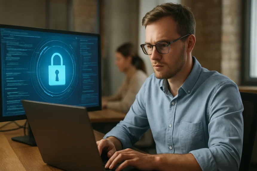 Férfi laptopon dolgozik, háttérben zár szimbólum a monitoron.