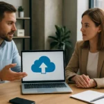 Két szakember beszélget a hibrid felhő tárolásról egy laptop mellett.