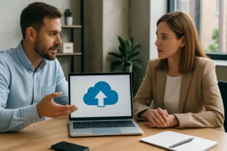 Két szakember beszélget a hibrid felhő tárolásról egy laptop mellett.