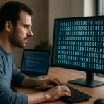 Férfi számítógép előtt, bináris kódot nézve a monitoron.