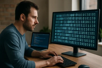 Férfi számítógép előtt, bináris kódot nézve a monitoron.