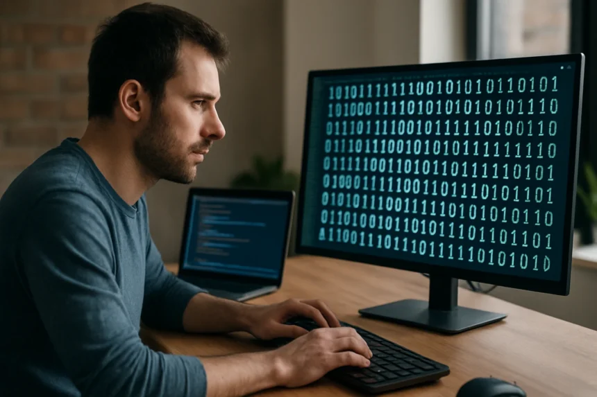 Férfi számítógép előtt, bináris kódot nézve a monitoron.