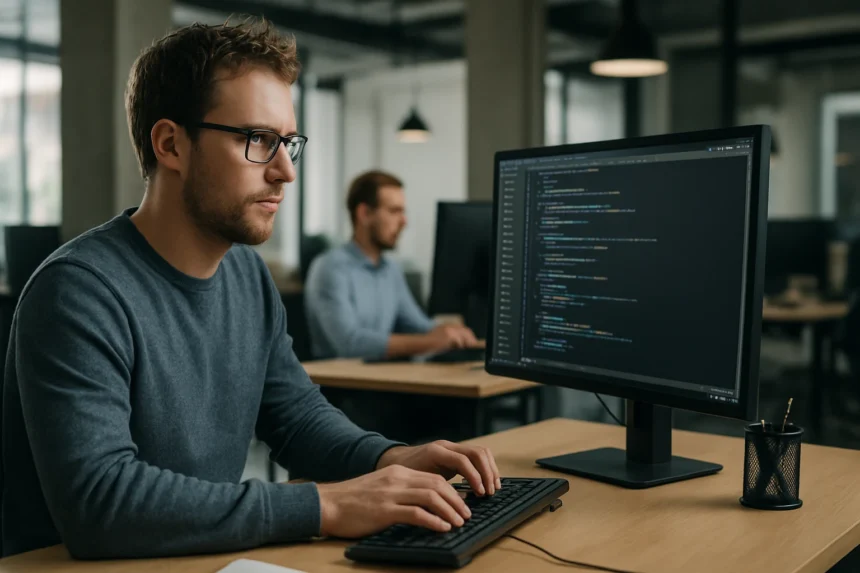 Fejlesztő programozás közben egy modern irodában.