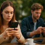 Fiatalok telefonoznak egy kávézóban, Instagramot használva.