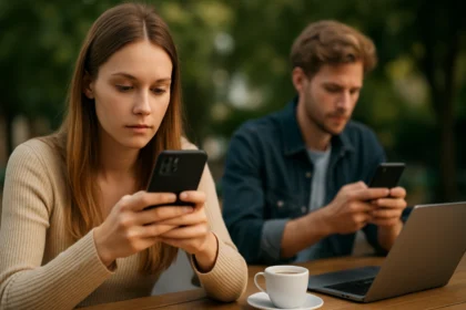 Fiatalok telefonoznak egy kávézóban, Instagramot használva.