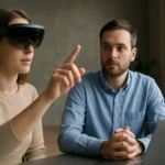 A nő kevert valóság szemüveget visel, interakció a technológiával.