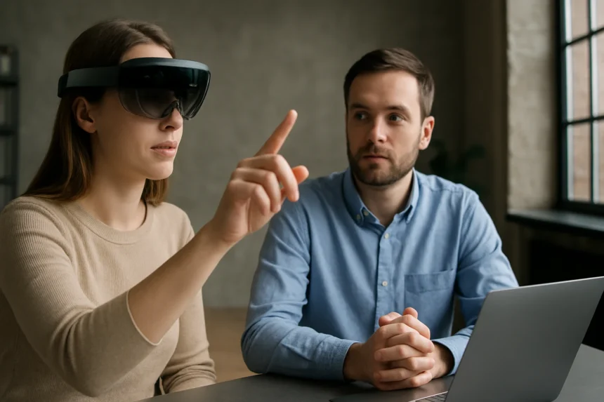 A nő kevert valóság szemüveget visel, interakció a technológiával.