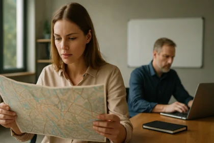 Nő térkép olvasása, férfi laptopot használ, modern irodai környezetben.