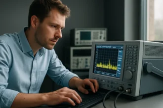 Férfi spektrumanalizátor előtt, frekvencia spektrumot elemez.