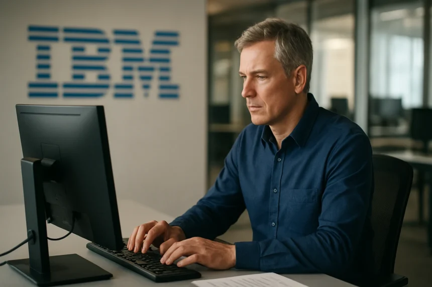 Férfi dolgozik számítógépen az IBM irodájában