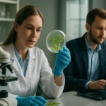 Biotechnológus mikroszkóp és laboratóriumi minta elemZése mellett.