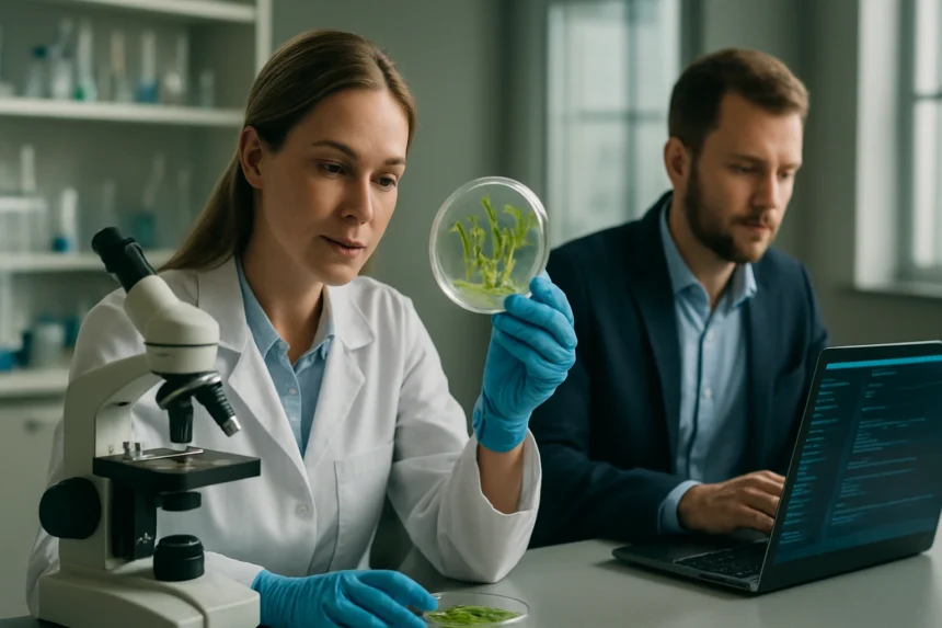 Biotechnológus mikroszkóp és laboratóriumi minta elemZése mellett.