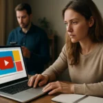 Nő laptop előtt, YouTube videó előnézeti képével dolgozik.