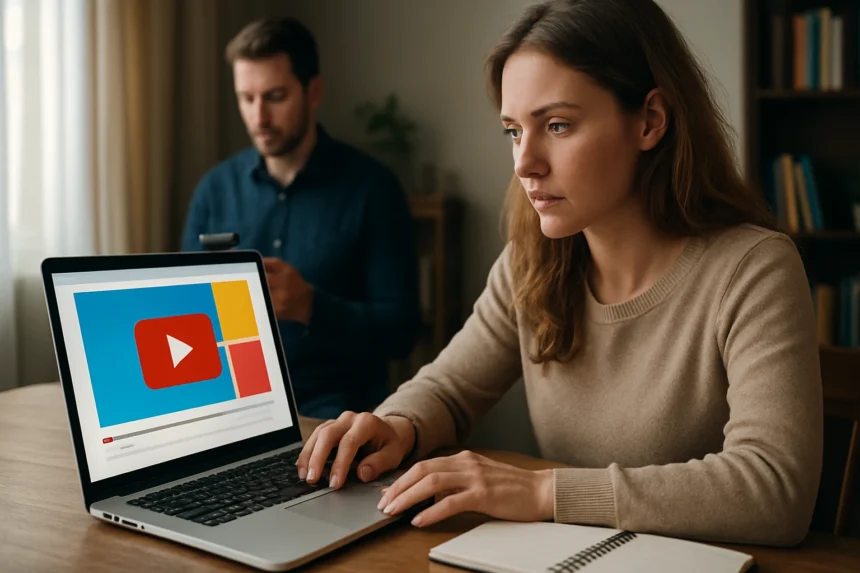 Nő laptop előtt, YouTube videó előnézeti képével dolgozik.