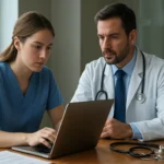 Orvosi írnok segít az orvosoknak az adatbeviteli munkában