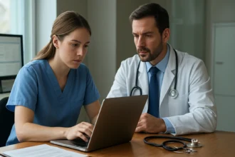Orvosi írnok segít az orvosoknak az adatbeviteli munkában
