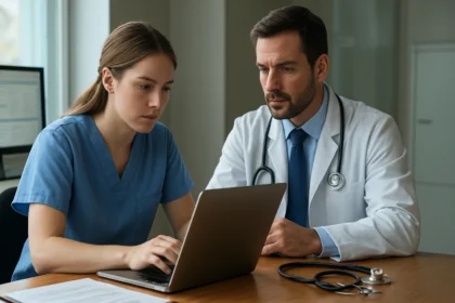 Orvosi írnok segít az orvosoknak az adatbeviteli munkában