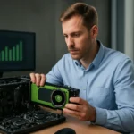 Férfi NVIDIA grafikus kártyát telepít számítógépbe, grafikon a háttérben.