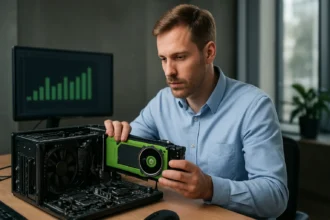 Férfi NVIDIA grafikus kártyát telepít számítógépbe, grafikon a háttérben.