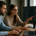 Két fejlesztő együtt dolgozik állapotmentes alkalmazásokon modern környezetben